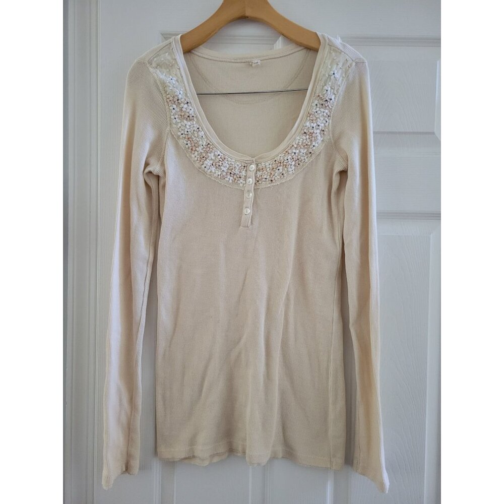 Free People Cream Thermal Henley top Y2k size Large Embroidered